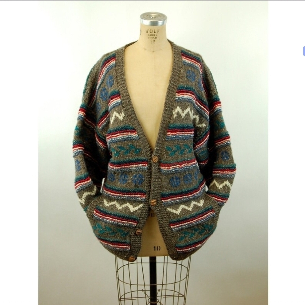 Hand Knit Virgin Wool Cardigan Sweater from Ecuador Unisex Size L/XL